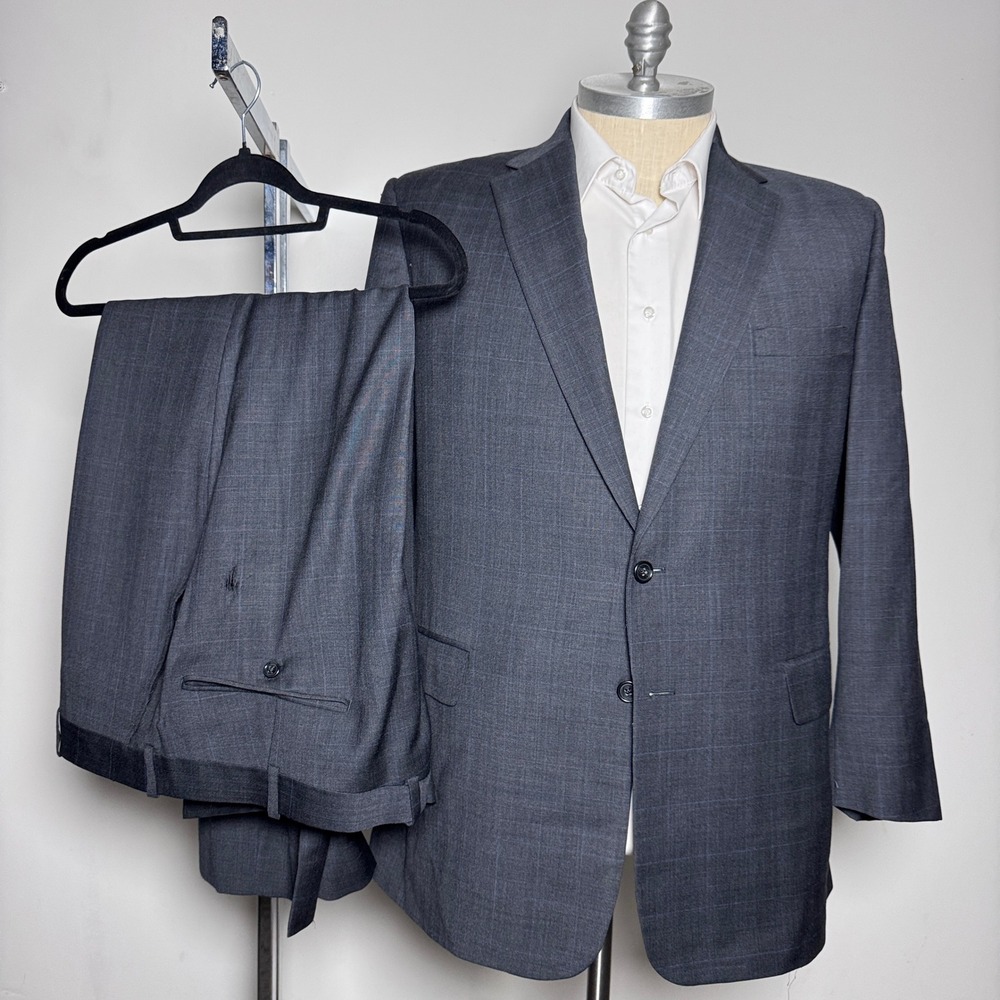 Tom James Suit Mens 44R 40x30 Charcoal Grey Plaid Executive Collection 2-Button